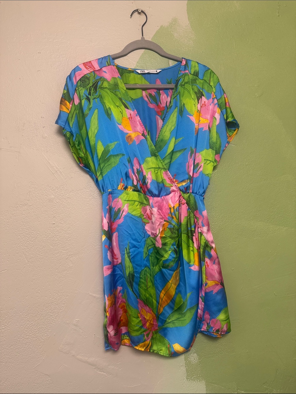 Zara Bright Blue Mini Dress with Pink & Green Floral Pattern